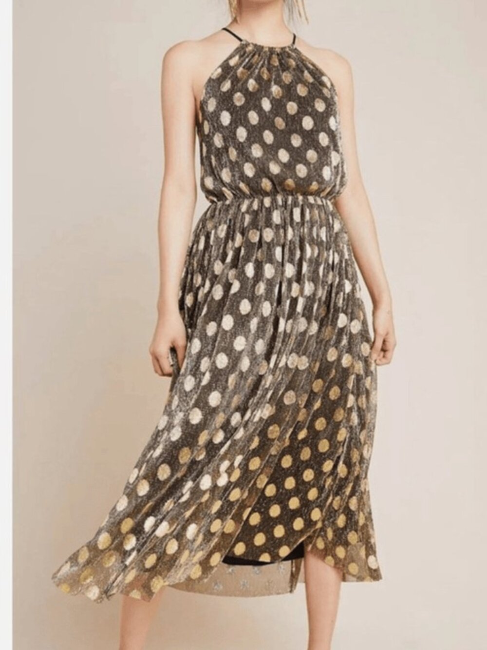 Anthropologie Sunday in Brooklyn black gold metallic halter dress maxi midi
